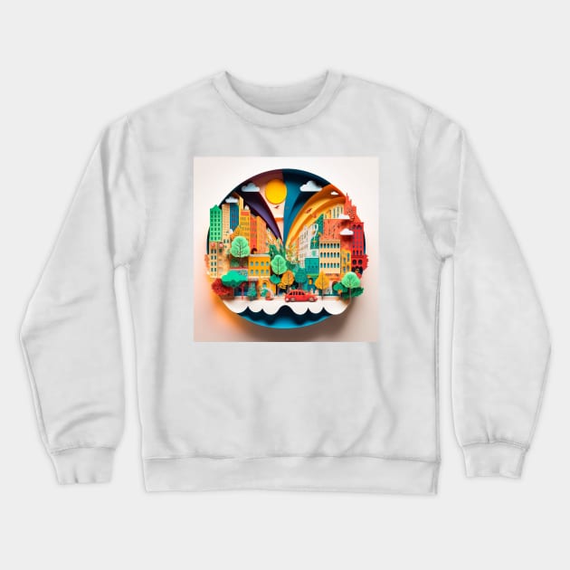 3D Effect Papercut Art - Cityscape Scene Crewneck Sweatshirt by TheArtfulAI